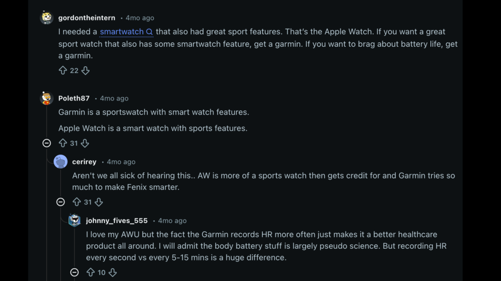 real user experiences garmin vs apple watch ultra