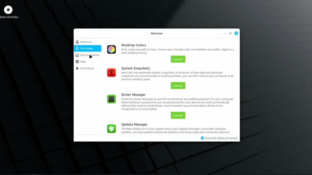 A screenshot of Linux welcome screen, with cursor pointing towards Final Steps