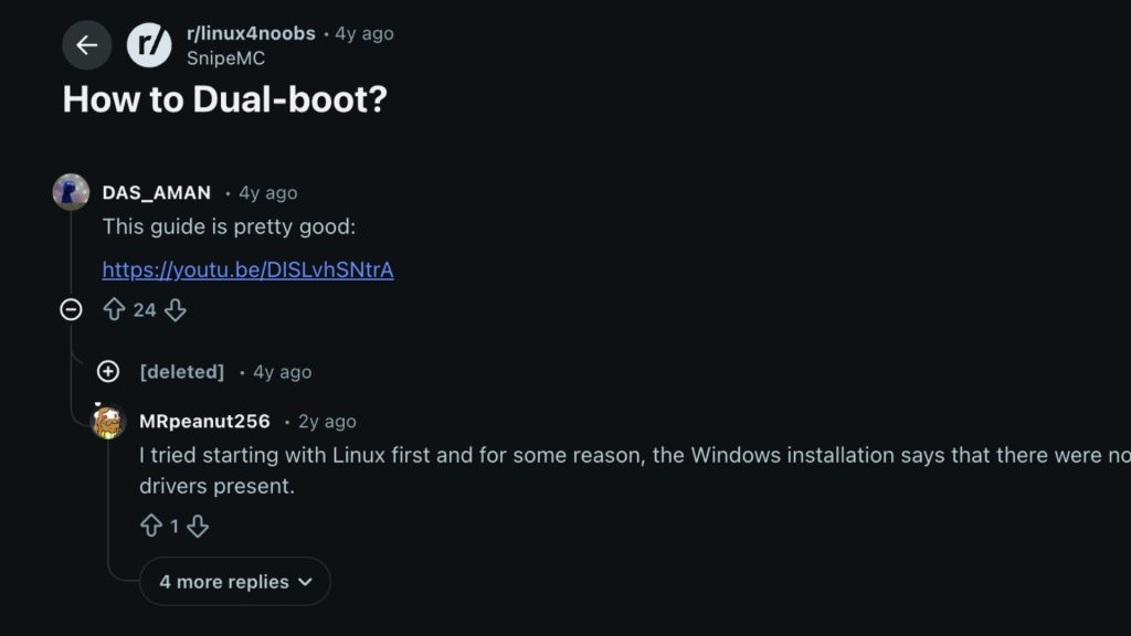 A screenshot of a Reddit post titled _How to dual-boot__, showing a community discussion and real user experiences about dual boot Windows and Linux, with people replying to original post
