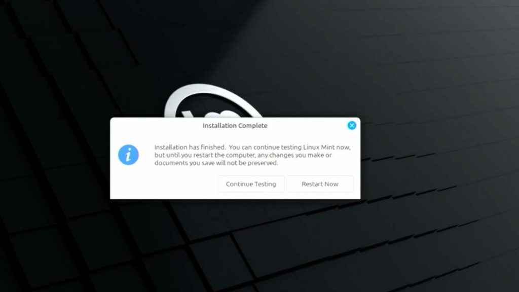 A screenshot of a pop-up of saying Installation Complete,with options Continue Testing and Restart Now