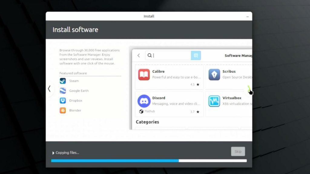 A screenshot taken mid-installation of Linux OS with featured software and a skip button