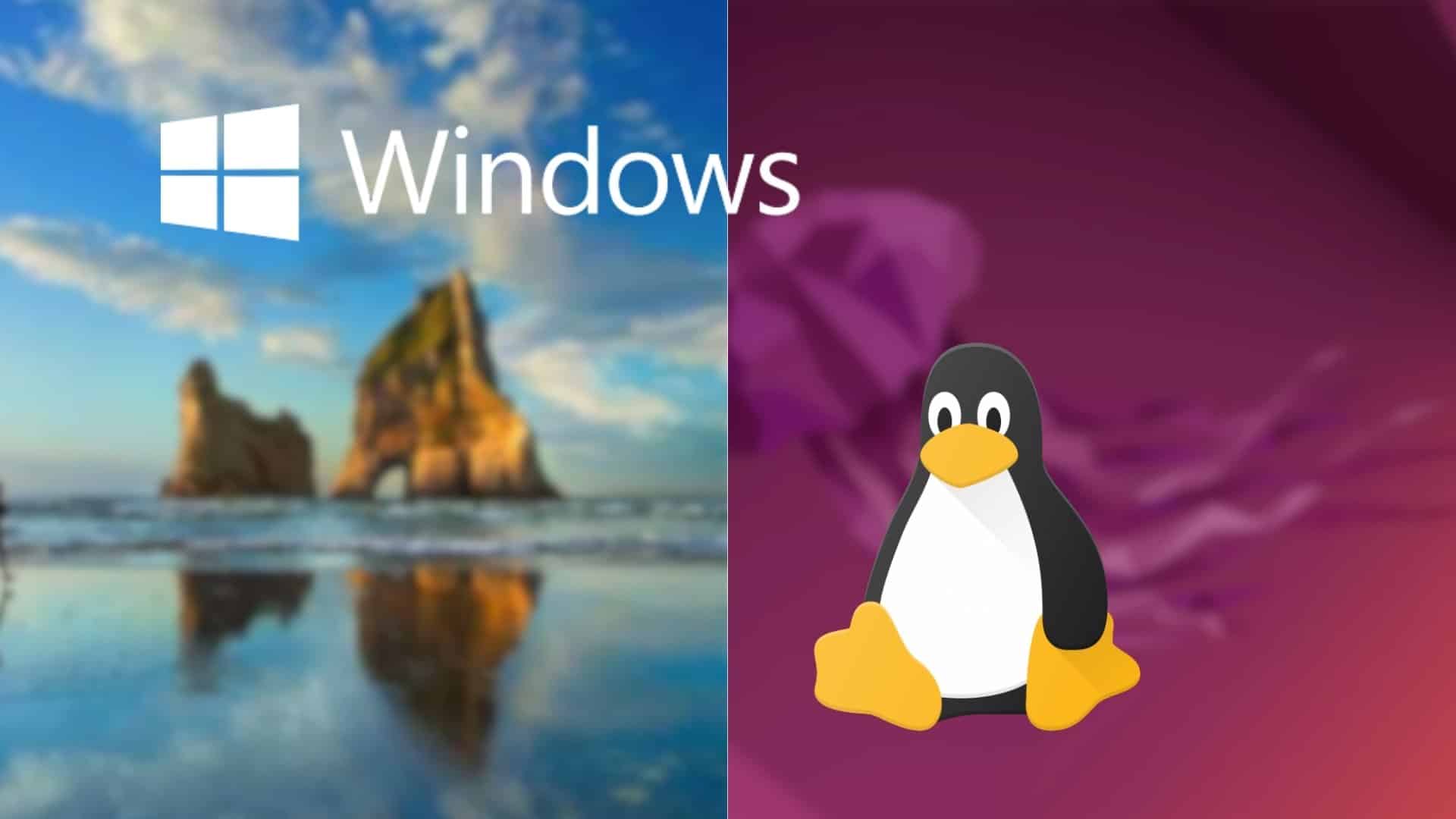 A split image featuring the Windows logo on the left with a scenic beach background, and the Linux Tux penguin mascot on the right against a purple backdrop, showing how to dual boot them