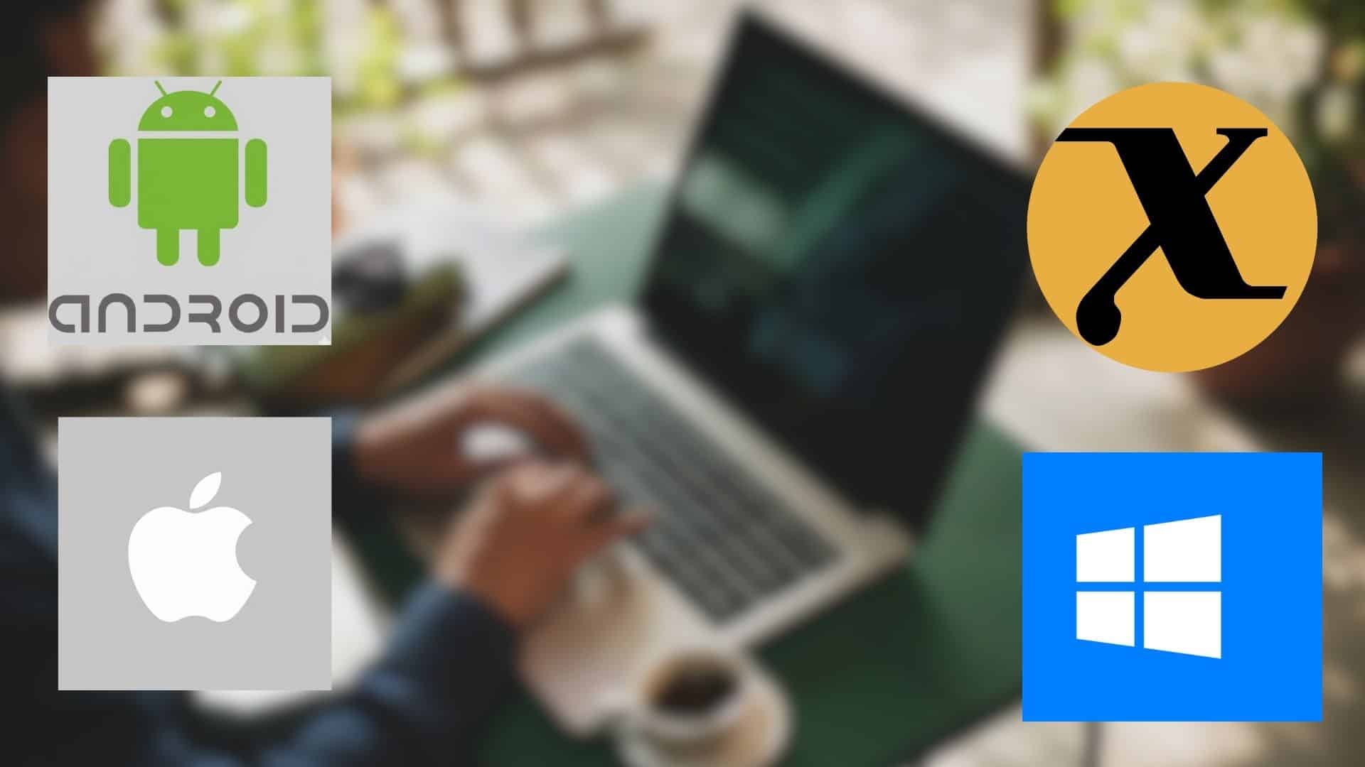 Different types of operating systems- Android, Apple, Linux, and Windows logos displayed over a blurred laptop background