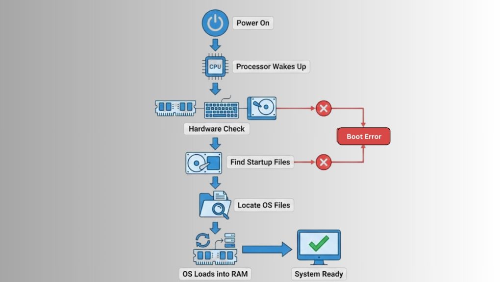 A flowchart illustrating the computer boot process, detailing steps from powering on, performing hardware checks, finding startup and OS files, to loading the OS into RAM. It includes outcomes for a successful boot and a boot error.