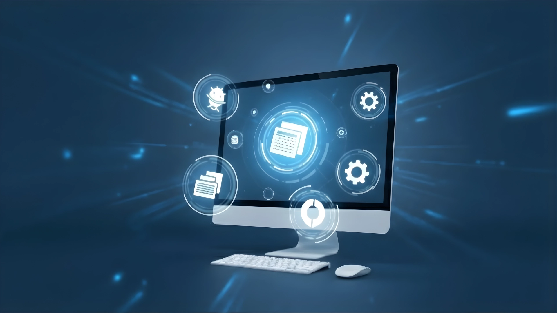 Futuristic computer screen displaying system management icons for security, optimization, cleanup, backup, and file control.