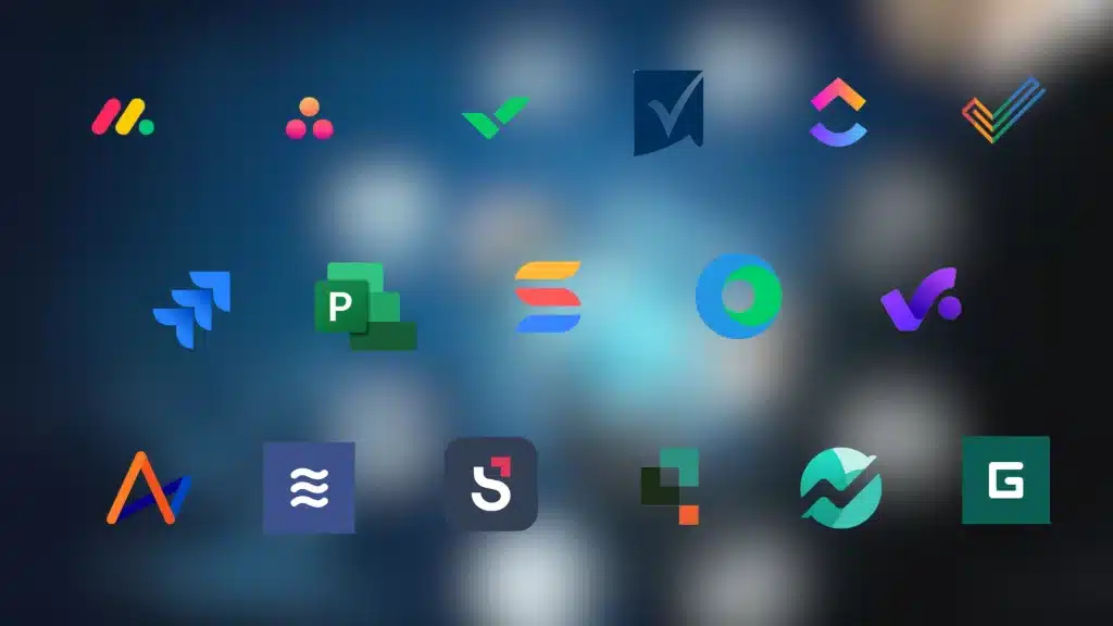 Grid of colorful enterprise project management software logos on a blurred dark background, representing tools