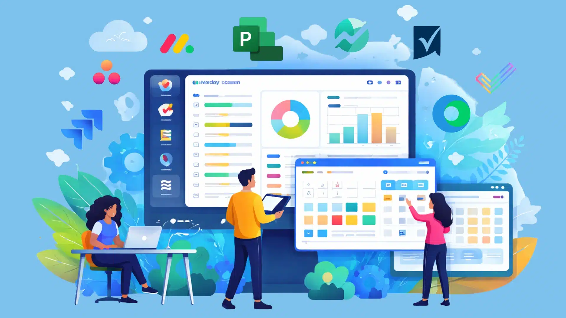 Illustration of teams using enterprise project management dashboards with charts, tasks, and connected tools apps