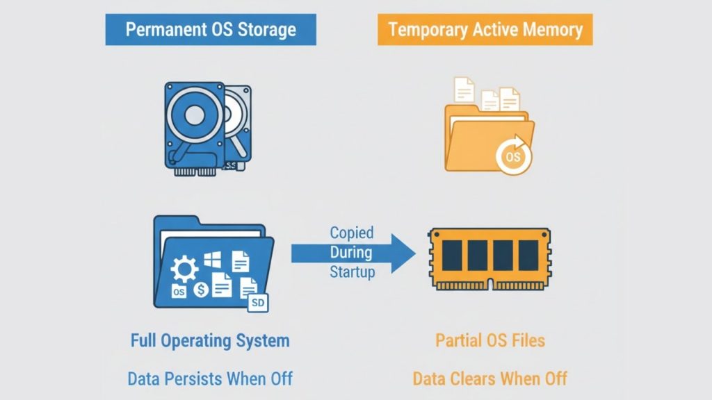 Infographic comparing permanent OS storage on a drive with temporary OS files loaded into RAM during startup