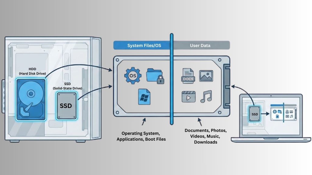 An infographic illustrating data storage in a computer. It shows an HDD and SSD inside a computer case, connected to system files and OS, along with user data, including documents and media, displayed on a laptop.