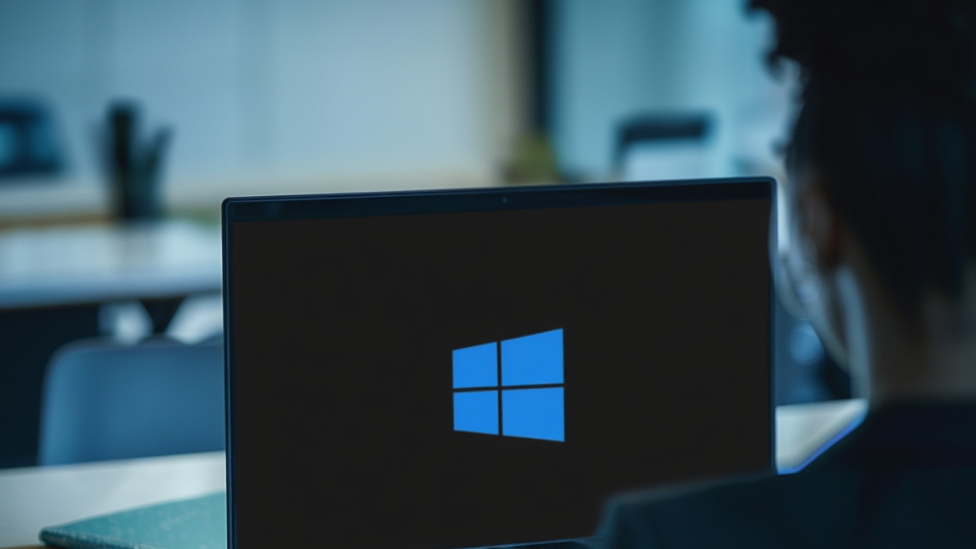 Person using a laptop showing the Windows startup screen, representing where the operating system is stored on a computer