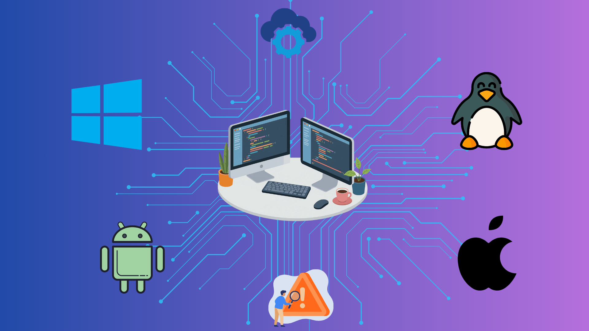 System software illustration showing operating systems like Windows, macOS, Linux, and Android managing computer hardware and tasks