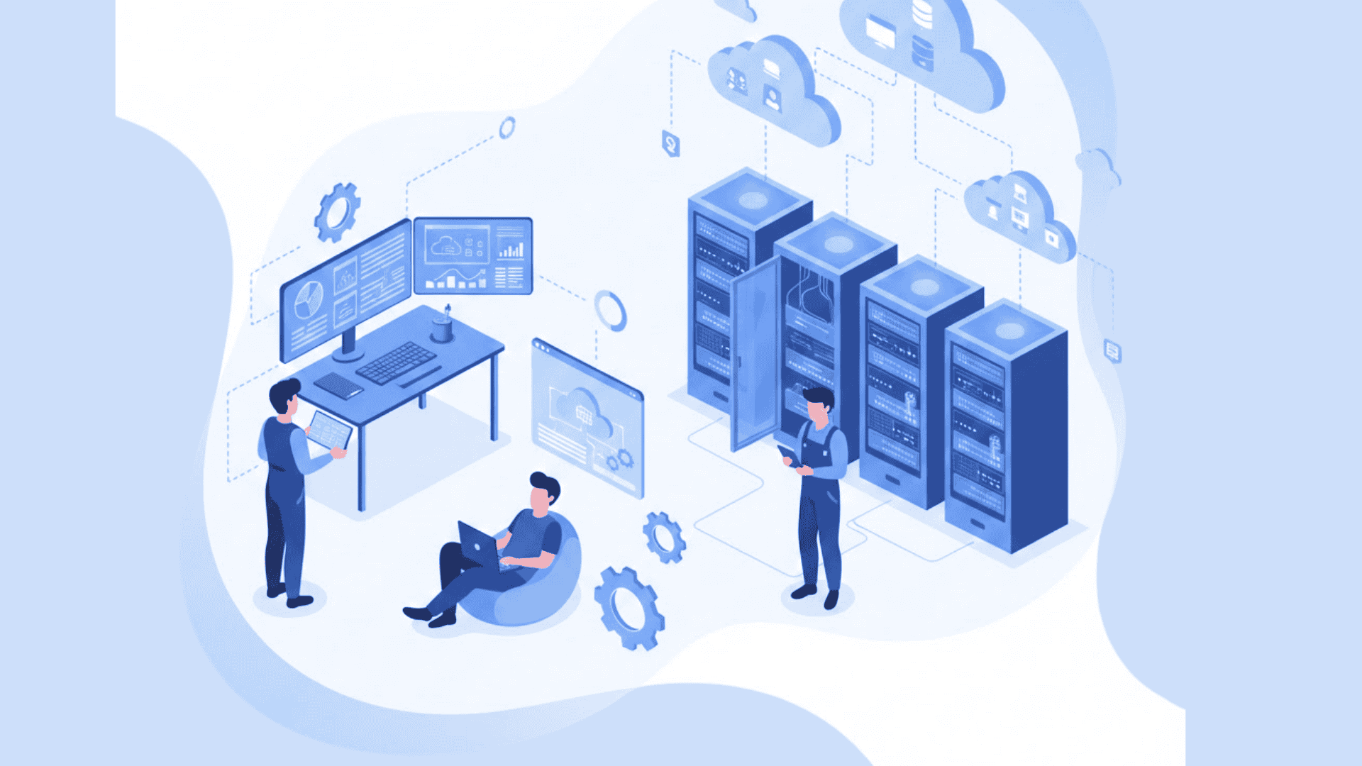 illustration of system administration software in action. An IT environment with server racks on the right, cloud infrastructure icons connected