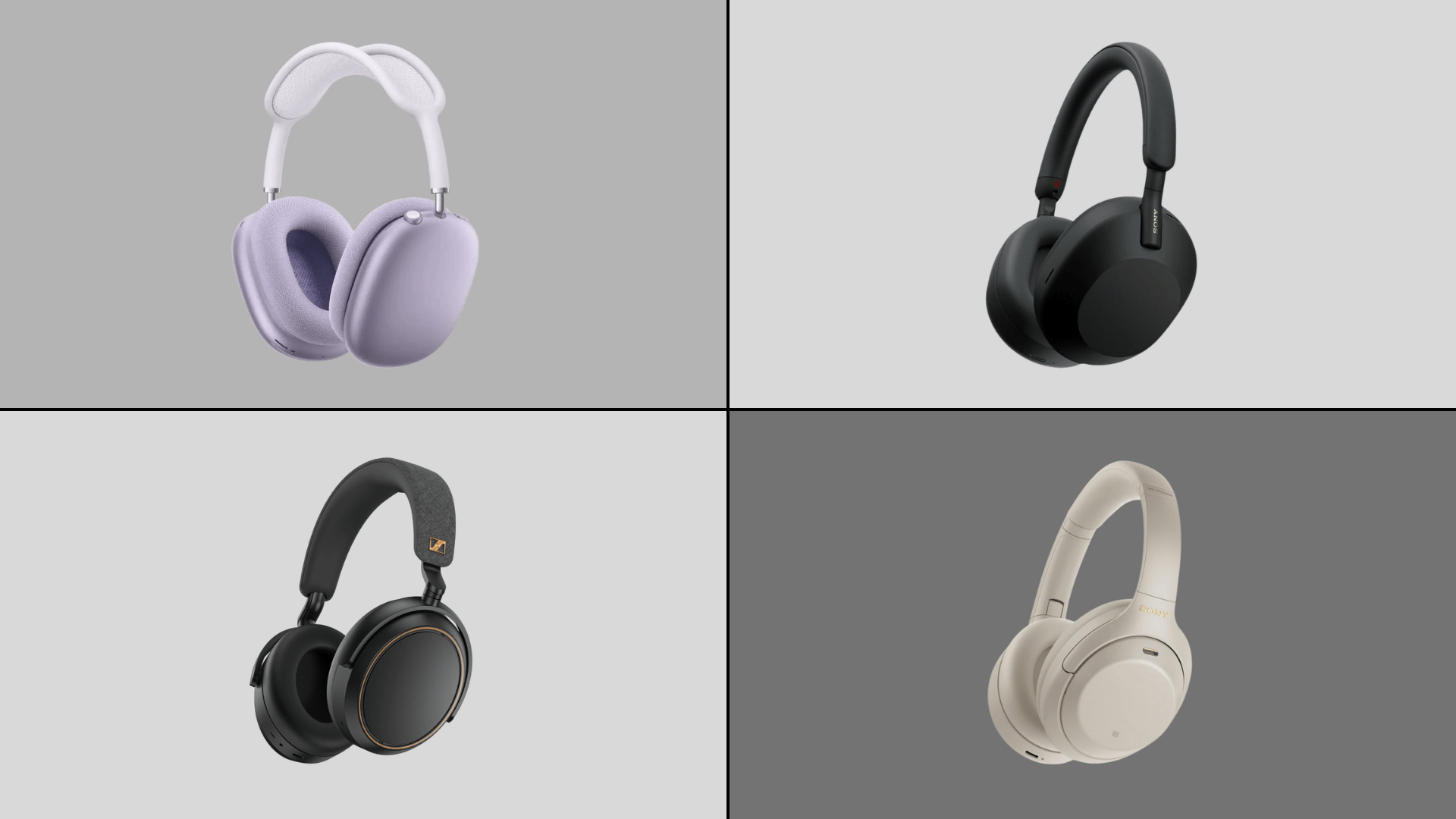 Collage image showing AirPods Max, Sony WH-1000XM5, Sennheiser Momentum 4, and Sony WH-1000XM4 headphones