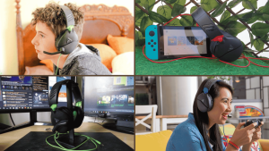 Collage of four images a person wearing a headset, a gaming console with a headset beside it, a headset on a desk with dual monitors, and a person smiling while gaming