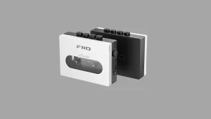 FiiO CP13 cassette player in silver and black with window display and top controls shown side by side