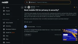 Forum post on Reddit in the r_privacy community discusses mobile OS options for privacy and security. Includes a promoted ad for InterServer beneath