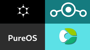 Logos of four operating systems PureOS, CalyxOS, and another symbol are shown against a black and white smoky background, suggesting contrast and tech themes