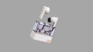 Moondrop Space Travel wireless earbuds floating above transparent charging case with white stems and silicone tips