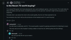 Reddit thread showing a user realizing a headset mutes by flipping the mic, featuring a bot that writes upside down