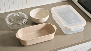 Food storage containers including a glass lid, bowl, and rectangular plastic container on a kitchen counter