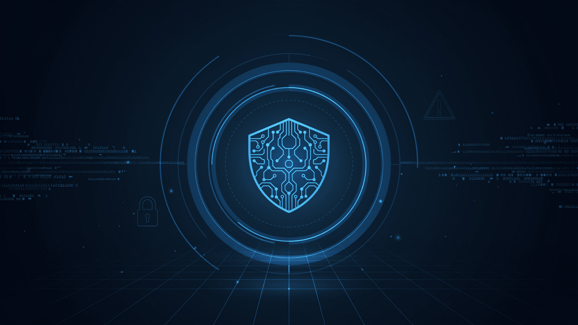 Cybersecurity shield icon with digital circuit design on dark technology background