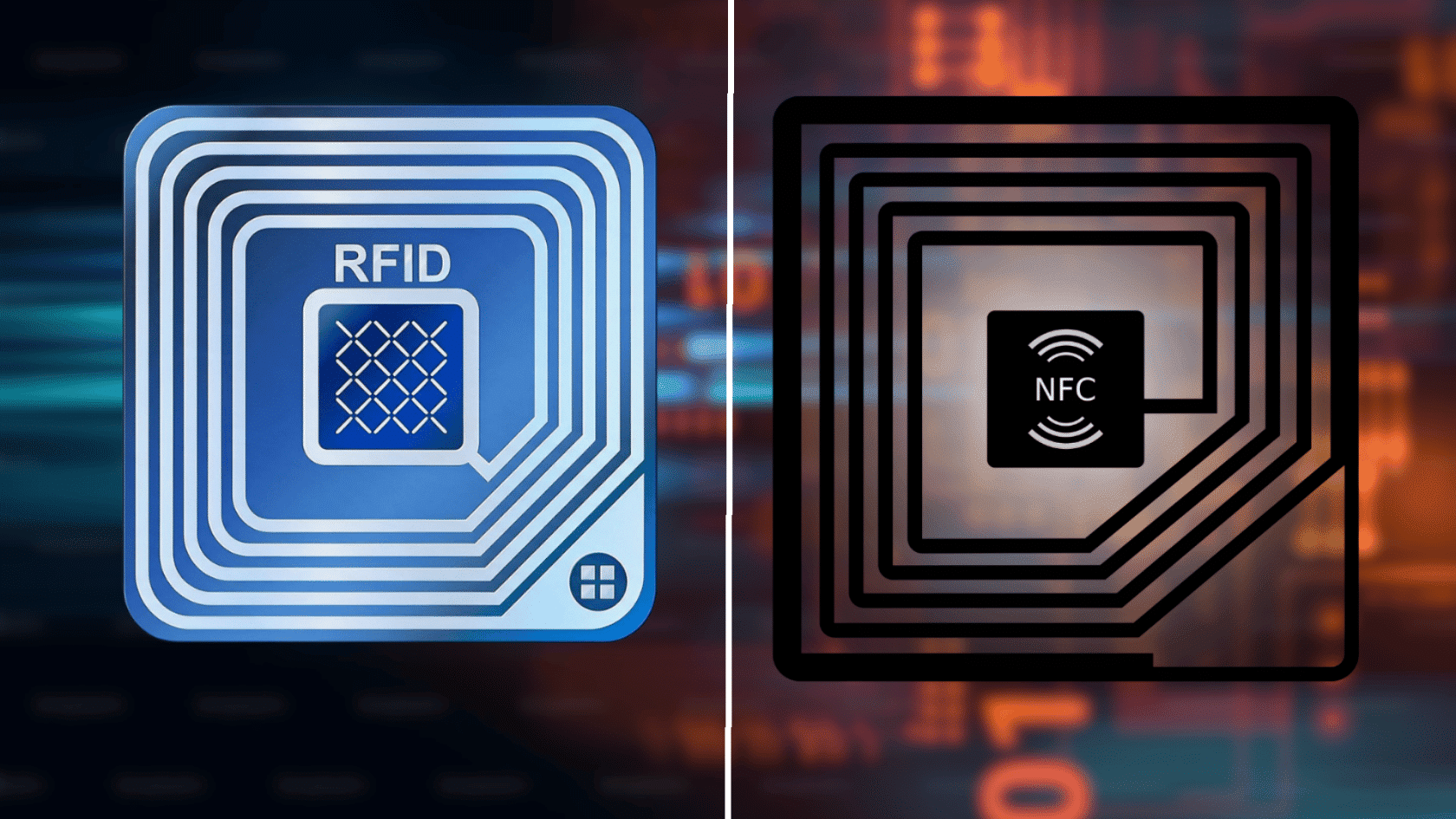 RFID and NFC tags comparison showing different chip designs and wireless technology symbols.