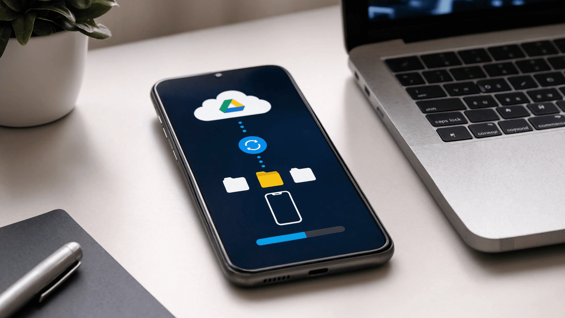 Android phone showing steps to restore data from Google Drive using cloud backup.