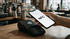 NFC mobile payment using a smartphone near a contactless card reader.