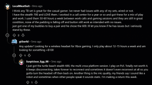 Reddit discussion screenshot with comments about Turtle Beach headset use and performance experiences.