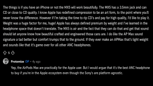 Reddit discussion comparing Sony MX5 and AirPods Max headphones on a black background.