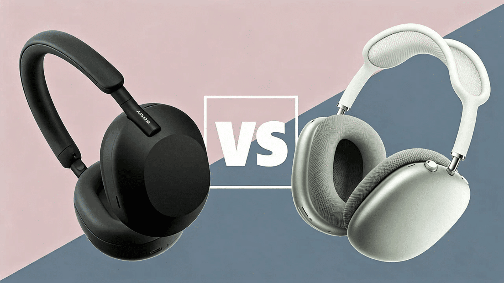 Sony WH-1000XM5 and AirPods Max headphones comparison image with VS text overlay