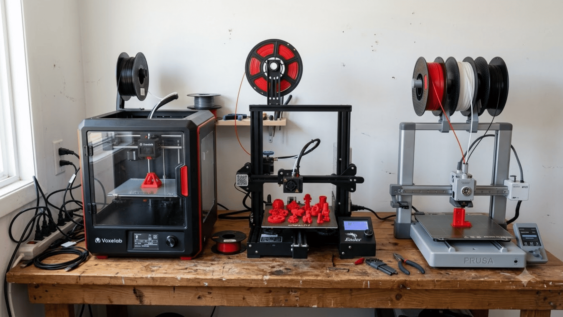 Three 3D printers displayed on a workbench with filament spools and printed models.