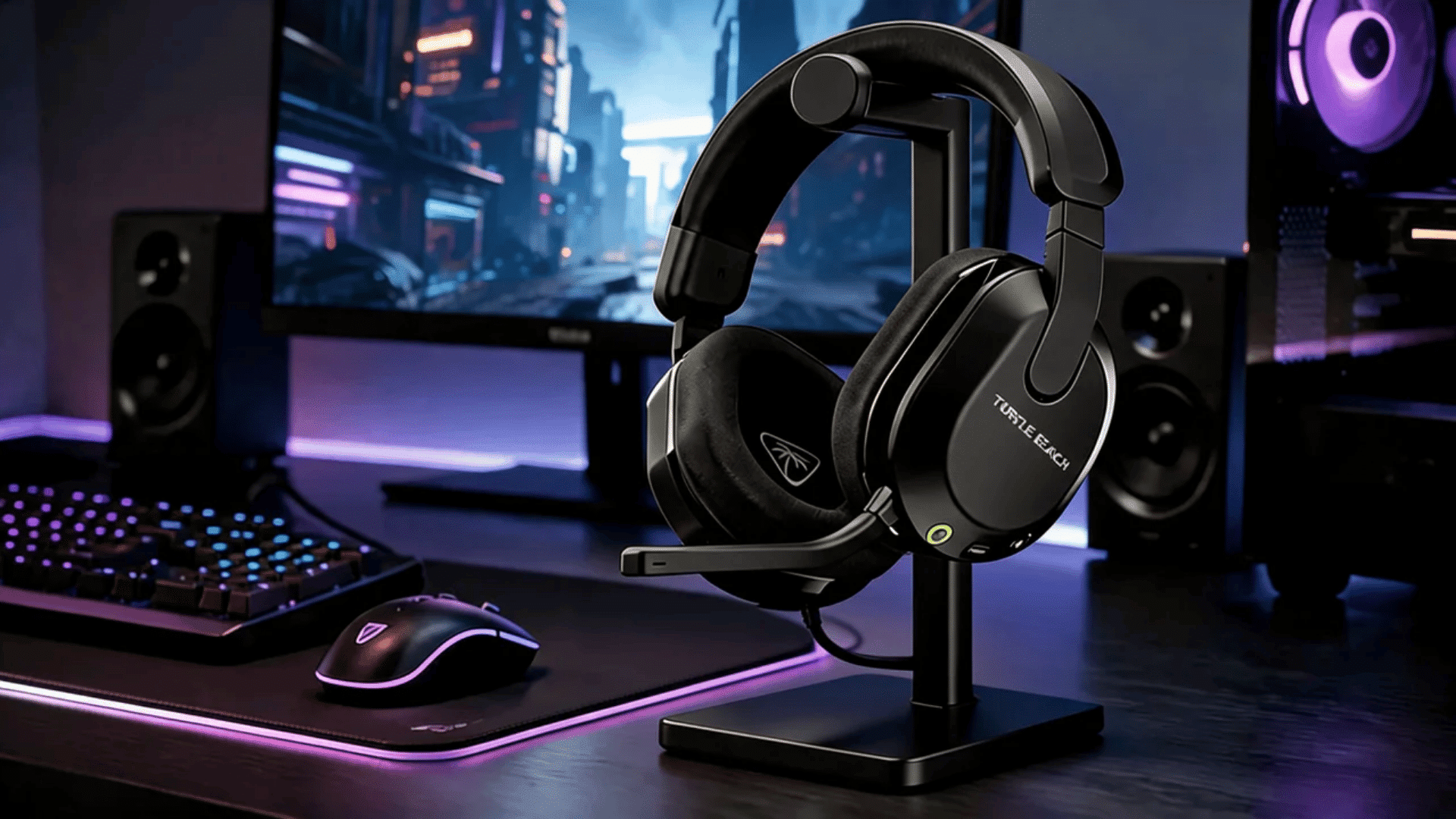 Black headset on a stand beside a keyboard and mouse on a desk with speakers and a monitor in the background.