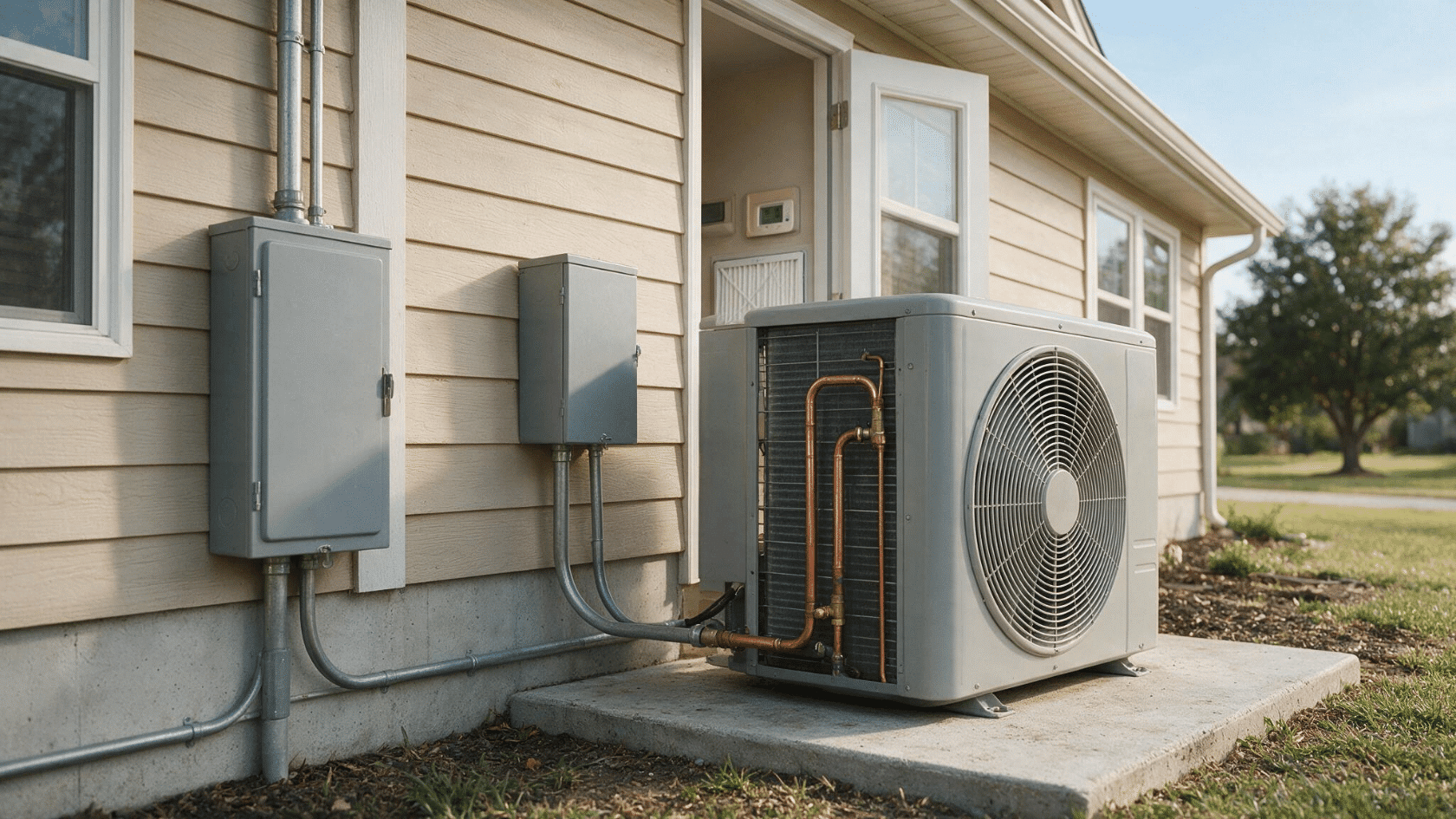 Residential air conditioner not turning on because of condenser with thermostat, air filter, disconnect box, and electrical panel nearby.