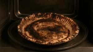 Burnt paper plate with dark scorch marks inside a microwave