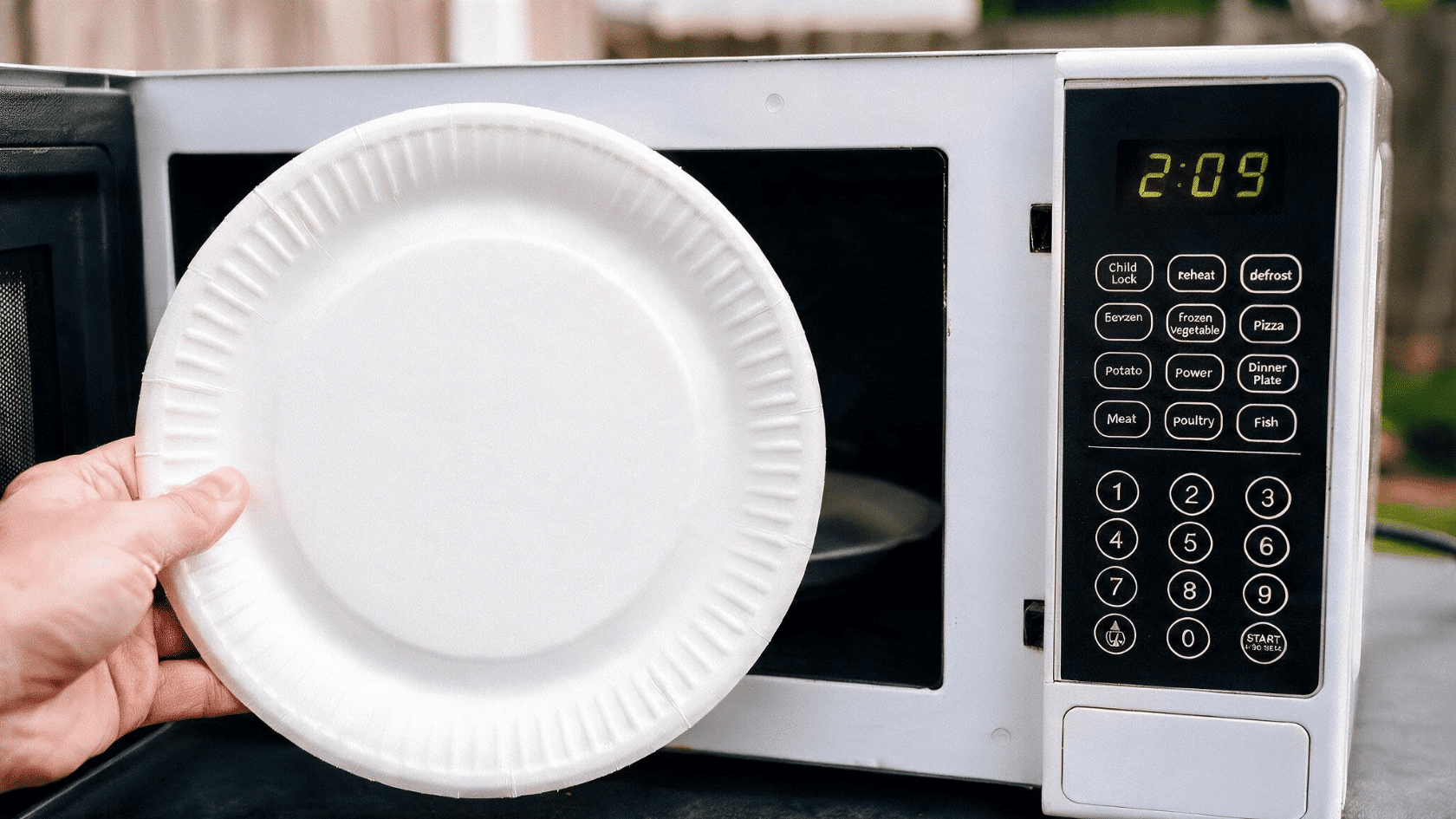White paper plate being placed inside a microwave oven for heating food.