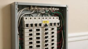 HVAC circuit breaker visible inside an open residential electrical panel.