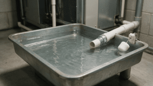 Standing water in an HVAC drain pan beside the condensate line and float switch.