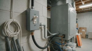 Power switch beside an indoor HVAC unit shown in the On position.