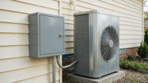 Closed outdoor disconnect box mounted beside a residential air conditioner condenser.