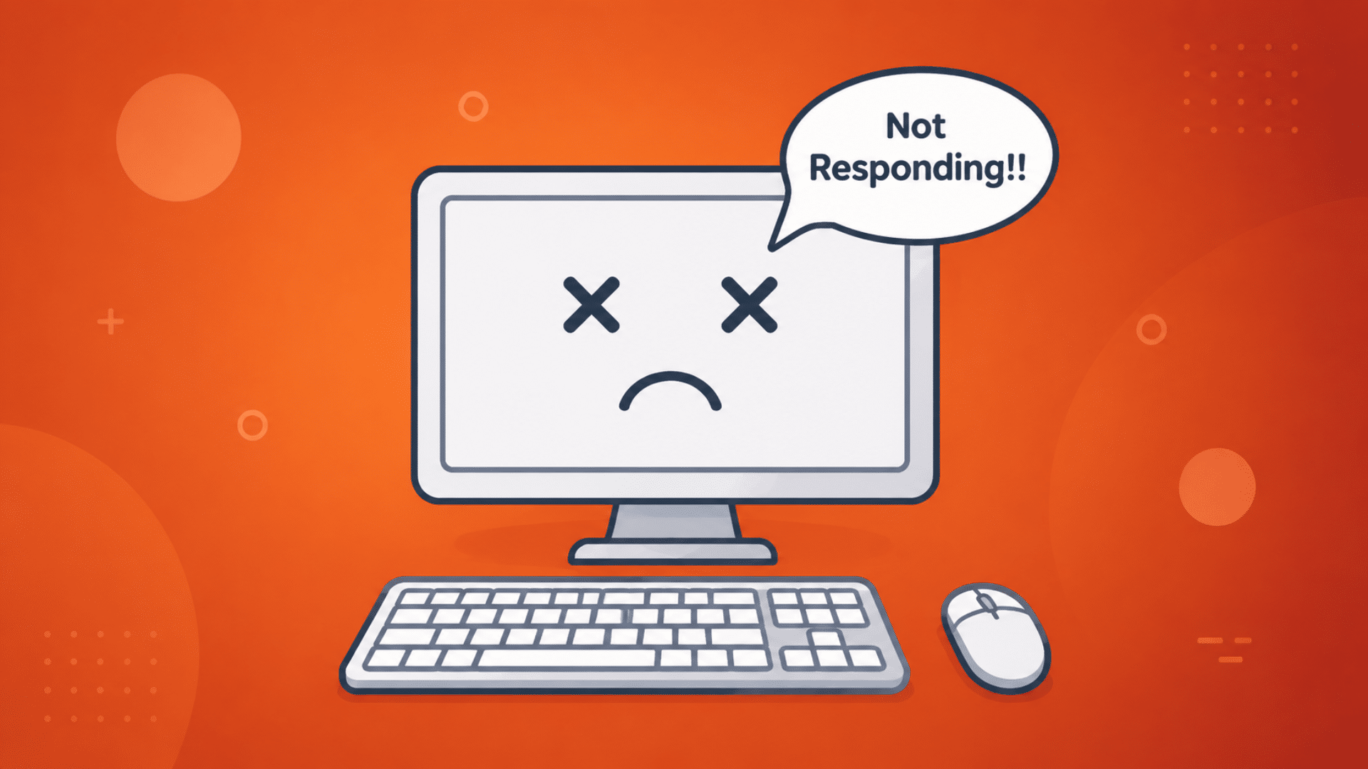 Flat vector illustration of a computer monitor showing an face with an error message on orange background.