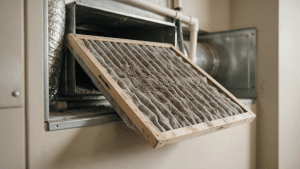 Dusty HVAC air filter beside its slot with the airflow direction arrow visible.
