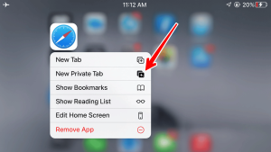 Safari app icon menu showing New Tab and New Private Tab options