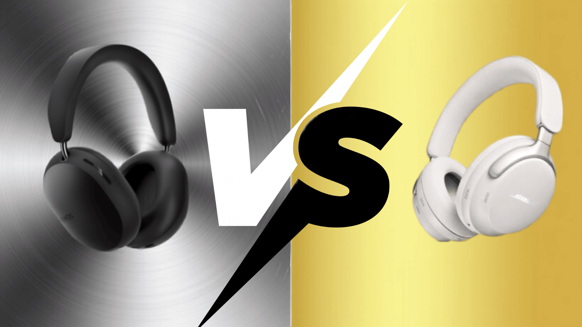 Black and white over-ear headphones compared side by side with a large VS symbol in the center.