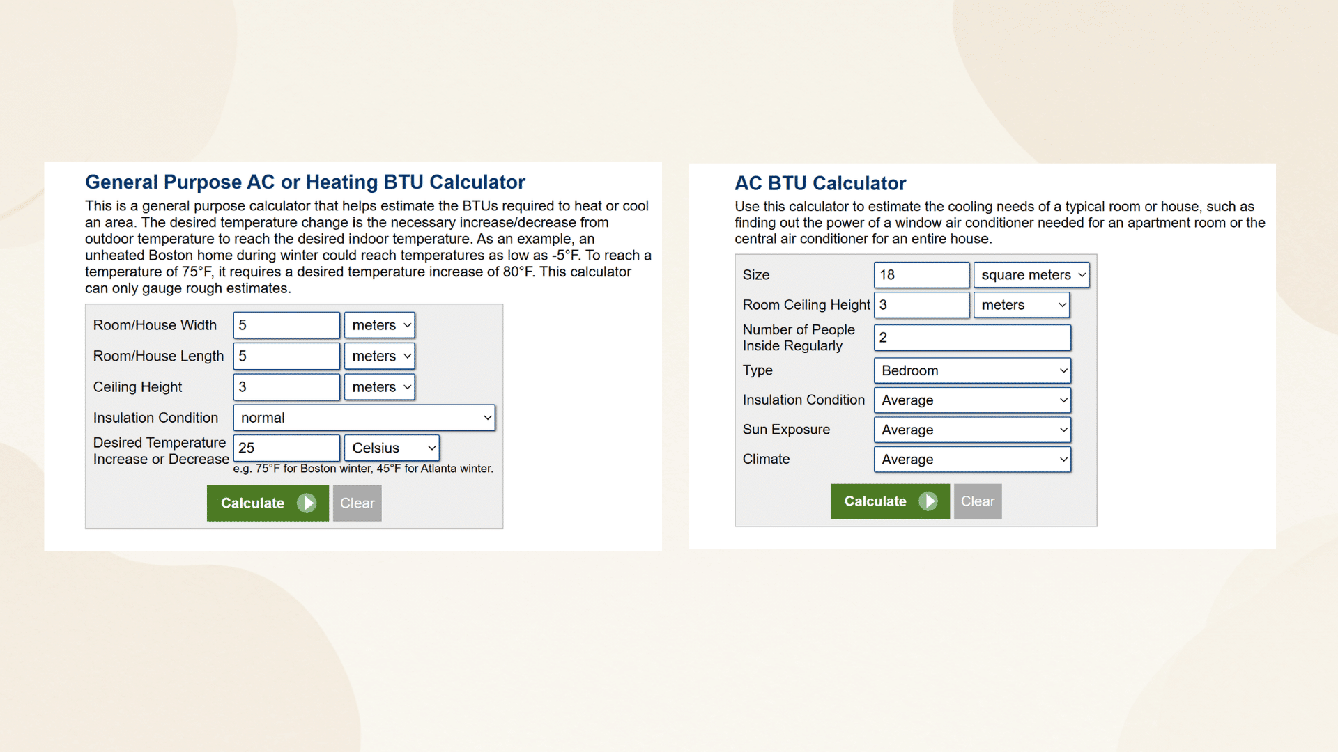 Two AC BTU calculator tools side by side with fields for room size, insulation, ceiling height, and climate.