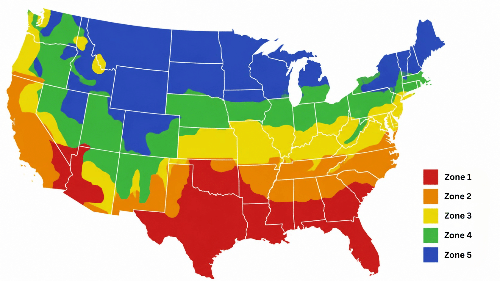 US map showing five color-coded climate zones from Region 1 in the south to Region 5 in the north.