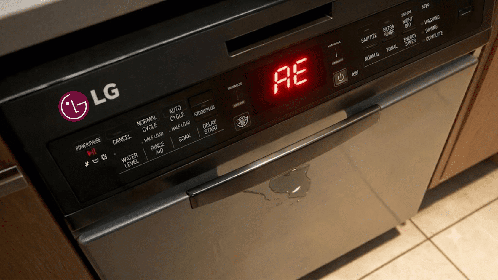 LG dishwasher showing AE error code with water leak below the door