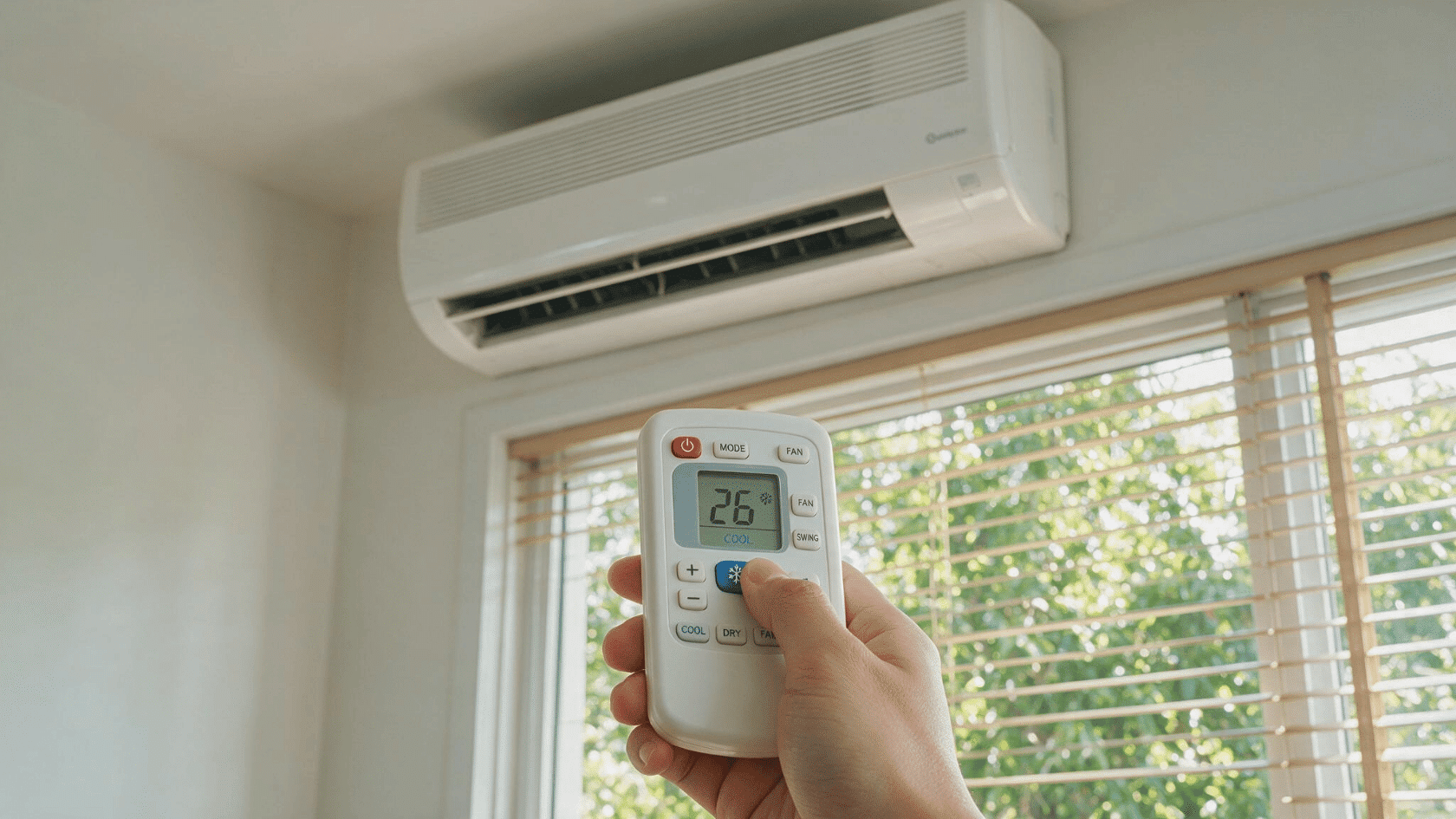 Air conditioner unit with a remote control showing a cool temperature setting indoors.