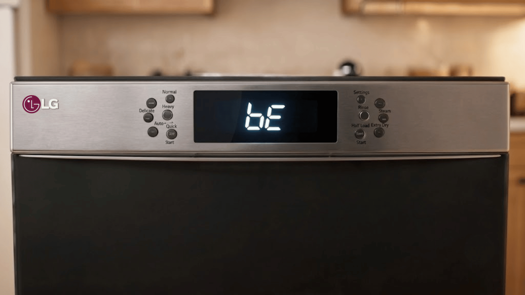 LG dishwasher display showing bE error code on the control panel