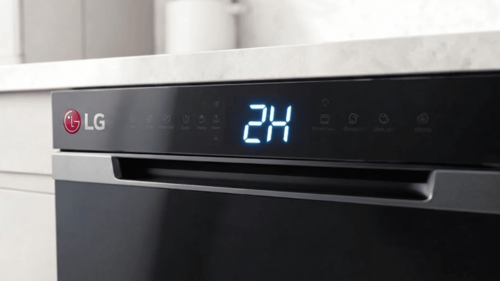 LG dishwasher display showing 2H remaining time indicator